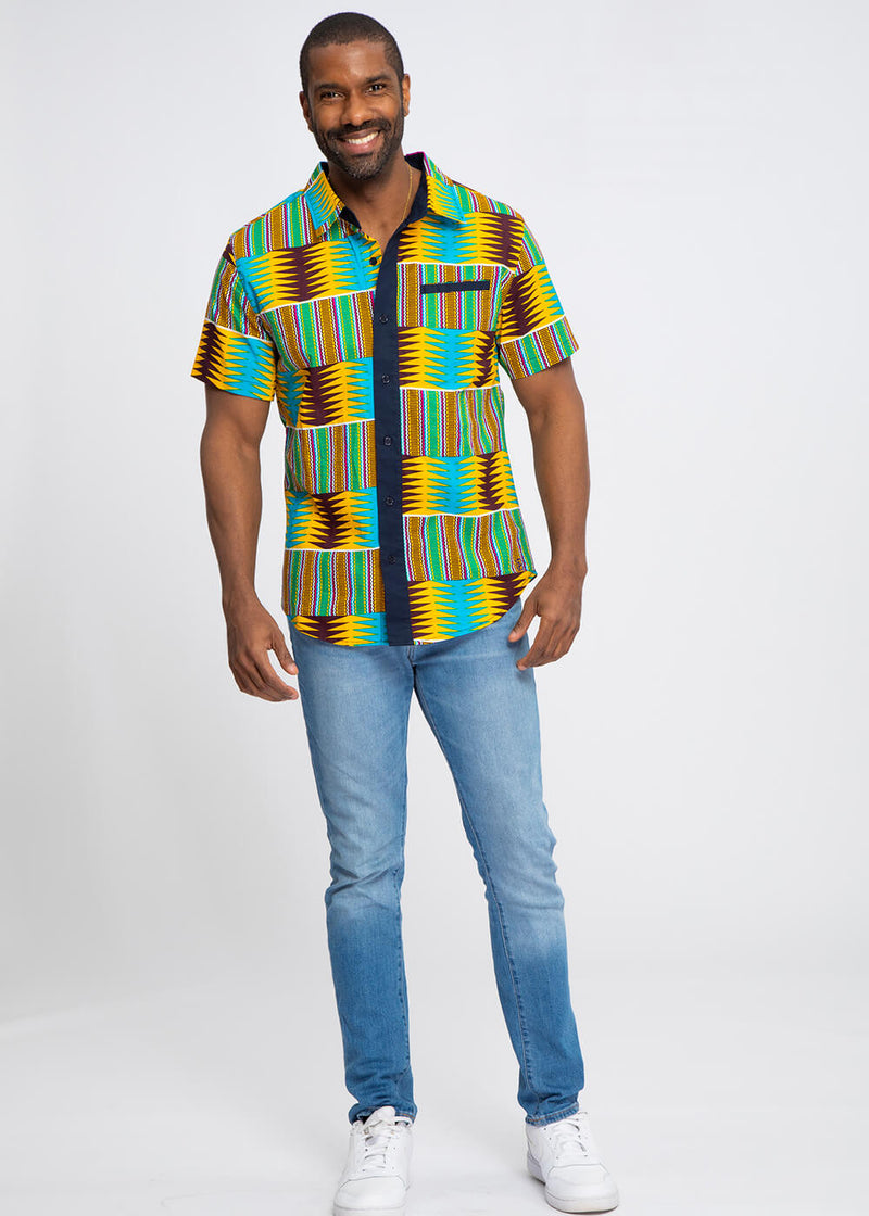 Dhiso Men's African Print Color-Blocked Button-Up Shirt (Turquoise Yellow Kente) - Clearance