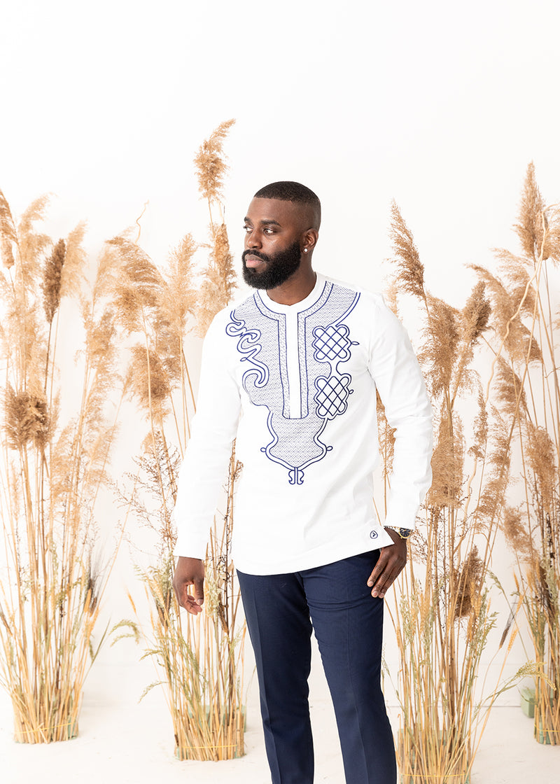 Dubaku Men's Traditional African Embroidery Shirt (White)