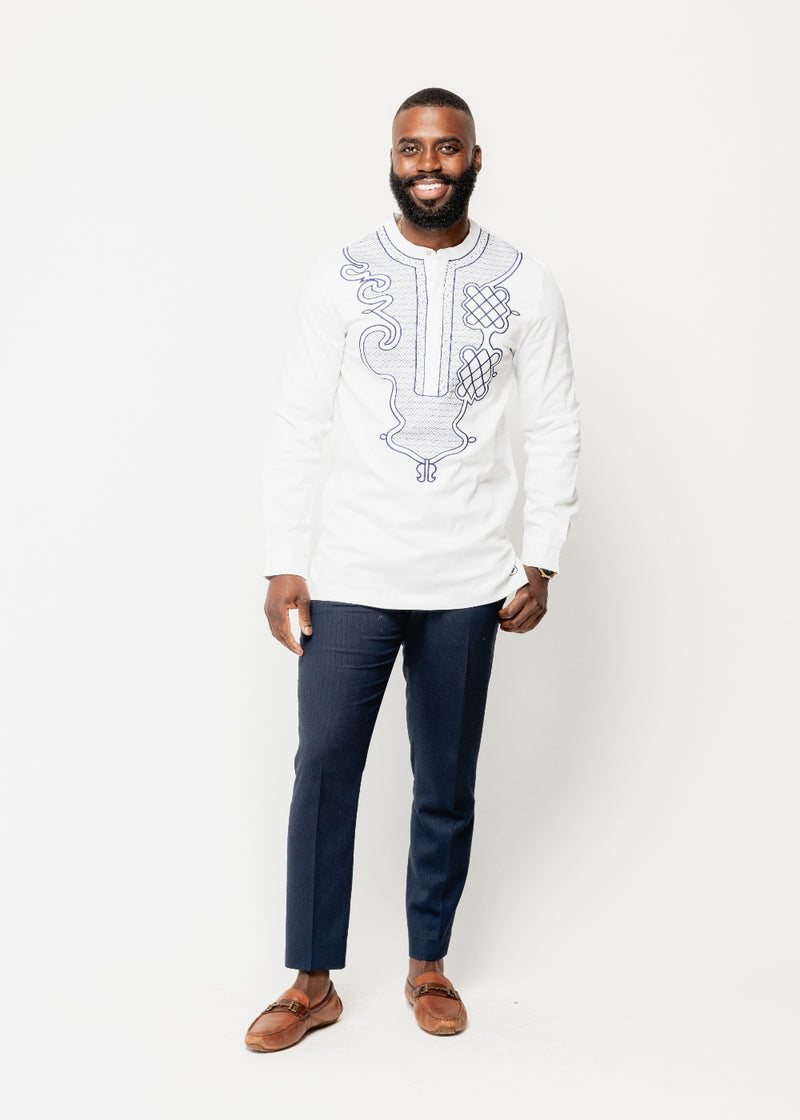 Dubaku Men's Traditional African Embroidery Shirt (White)