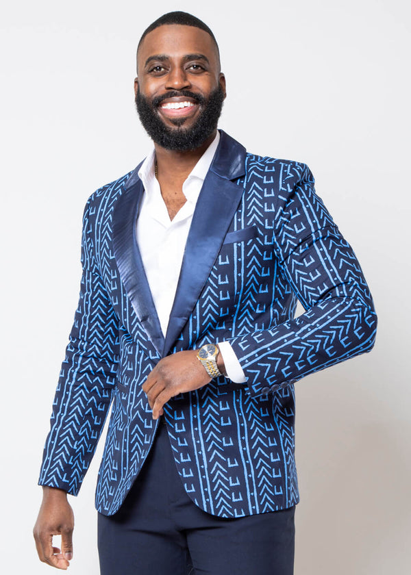 Enofe Men's African Print Blazer (Blue Navy Mudcloth)