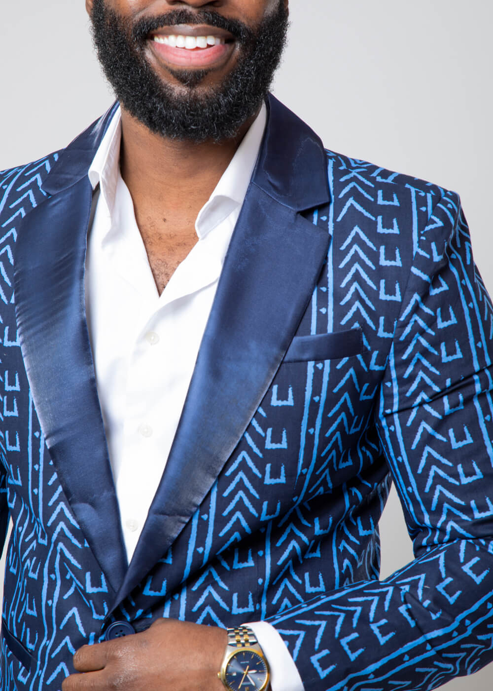 Enofe African Print Color Blocked Blazer Blue Navy Mudcloth Blue S