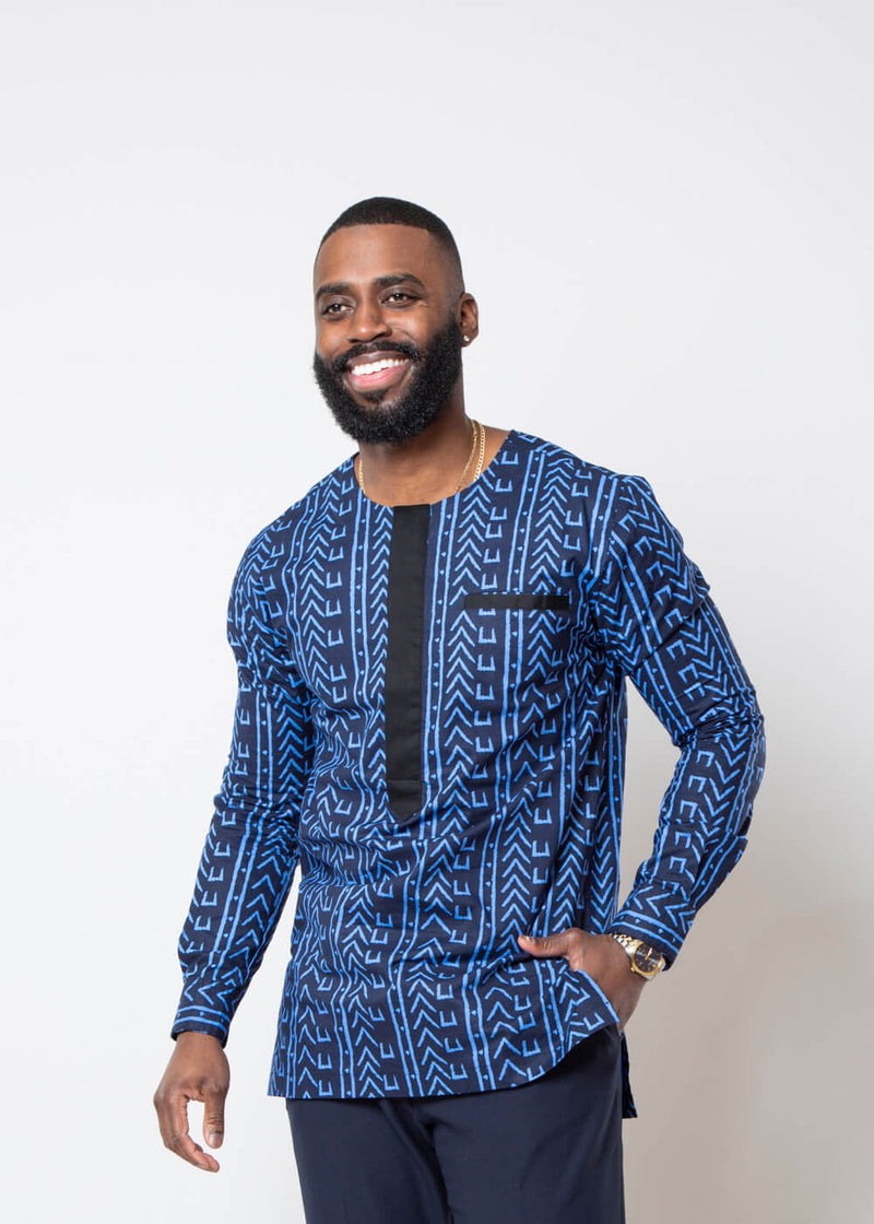 Ibrahim Men's African Print Traditional Shirt (Blue Navy Mudcloth)