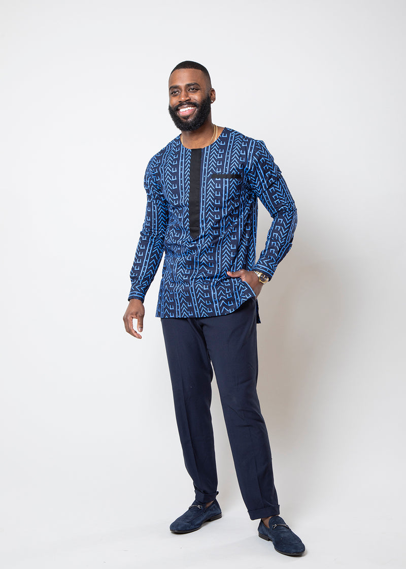 Ibrahim Men's African Print Traditional Shirt (Blue Navy Mudcloth)