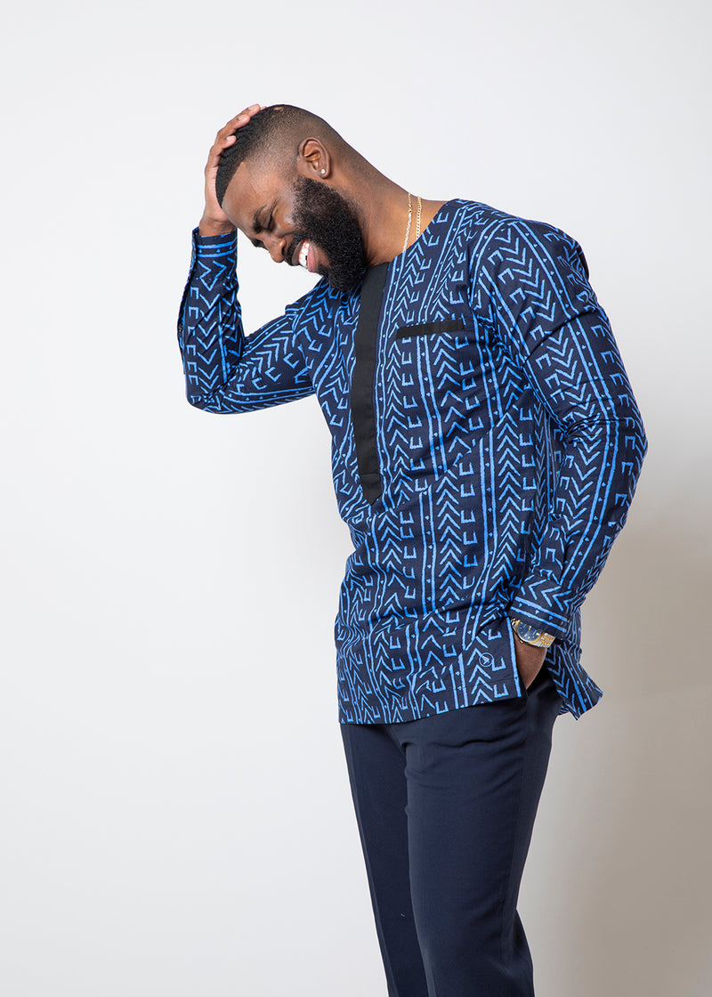 Ibrahim Men's African Print Traditional Shirt (Blue Navy Mudcloth)