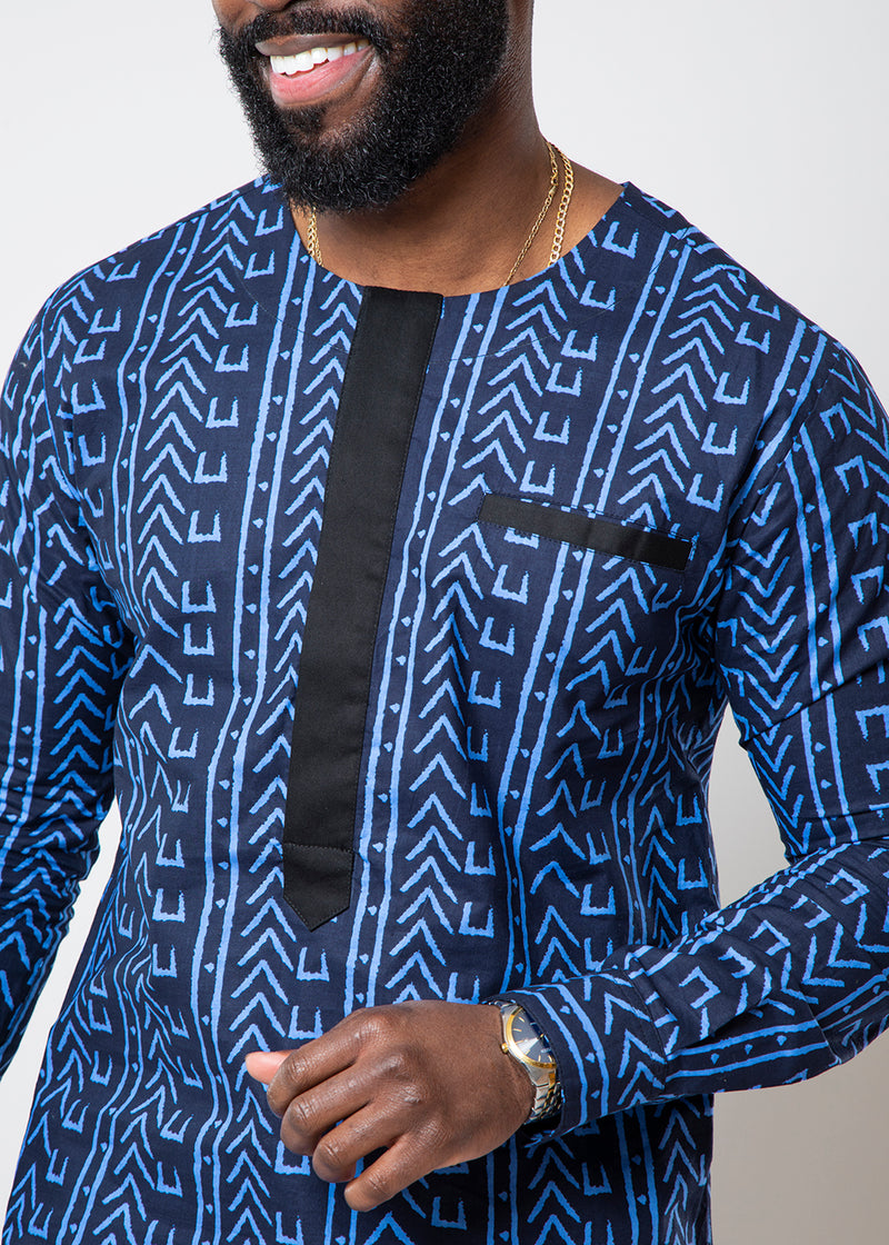 Ibrahim Men's African Print Traditional Shirt (Blue Navy Mudcloth)