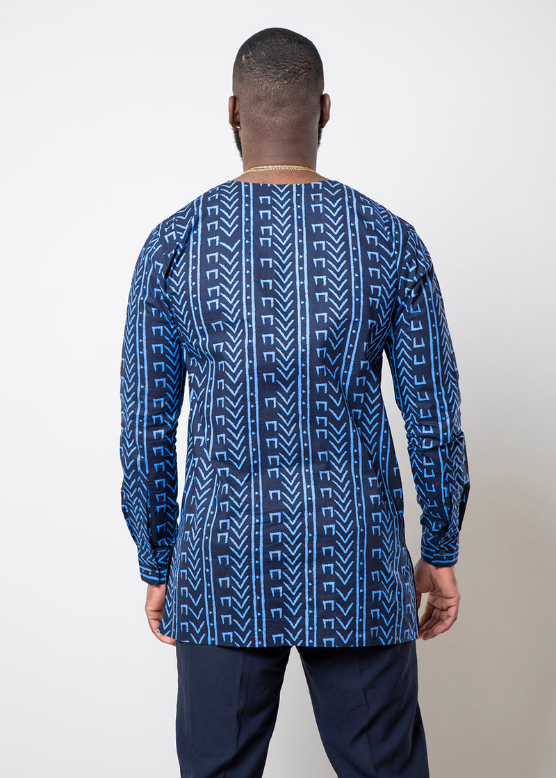 Ibrahim Men's African Print Traditional Shirt (Blue Navy Mudcloth)