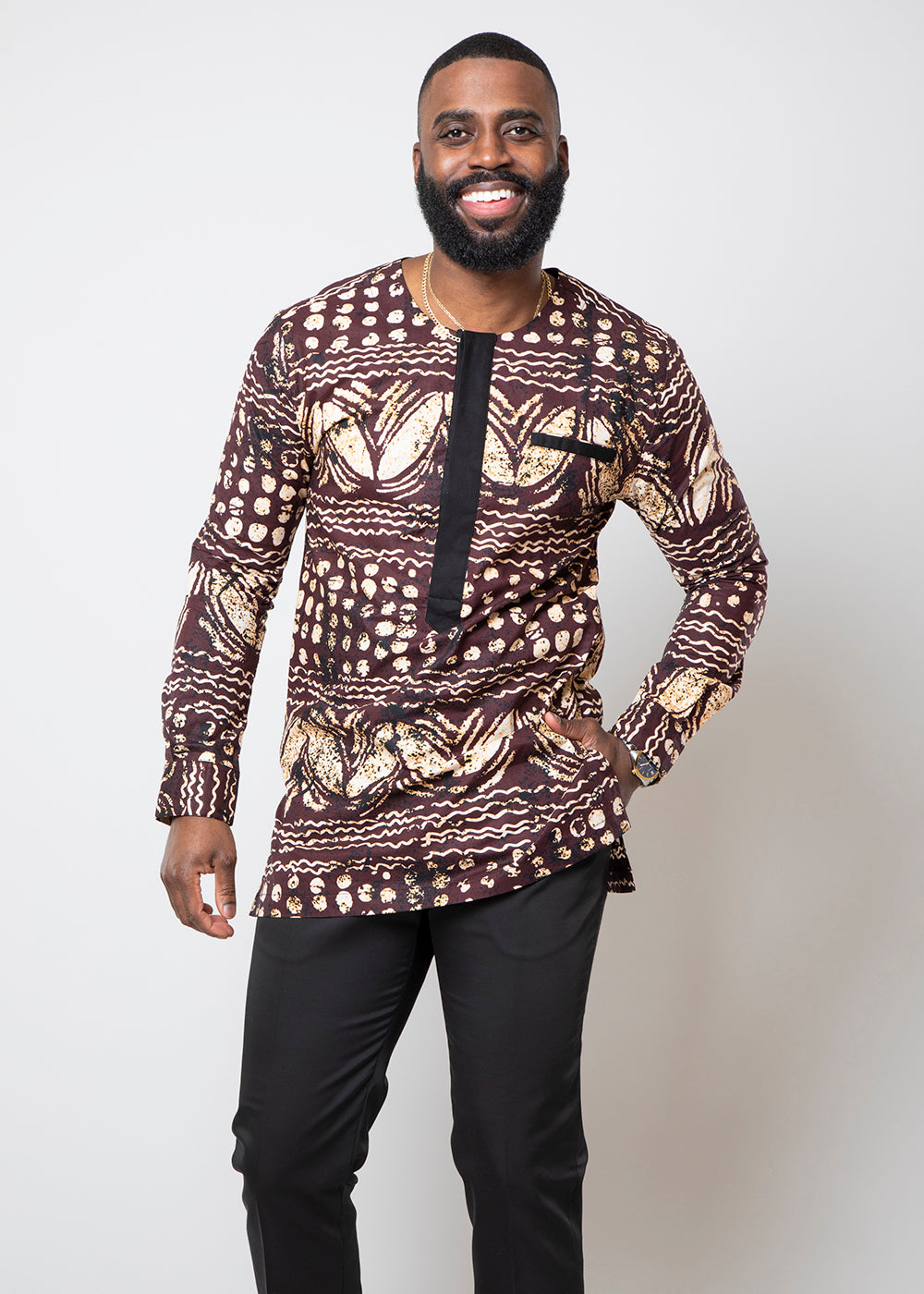Ibrahim Men's African Print Traditional Shirt (Brown Black Adire)