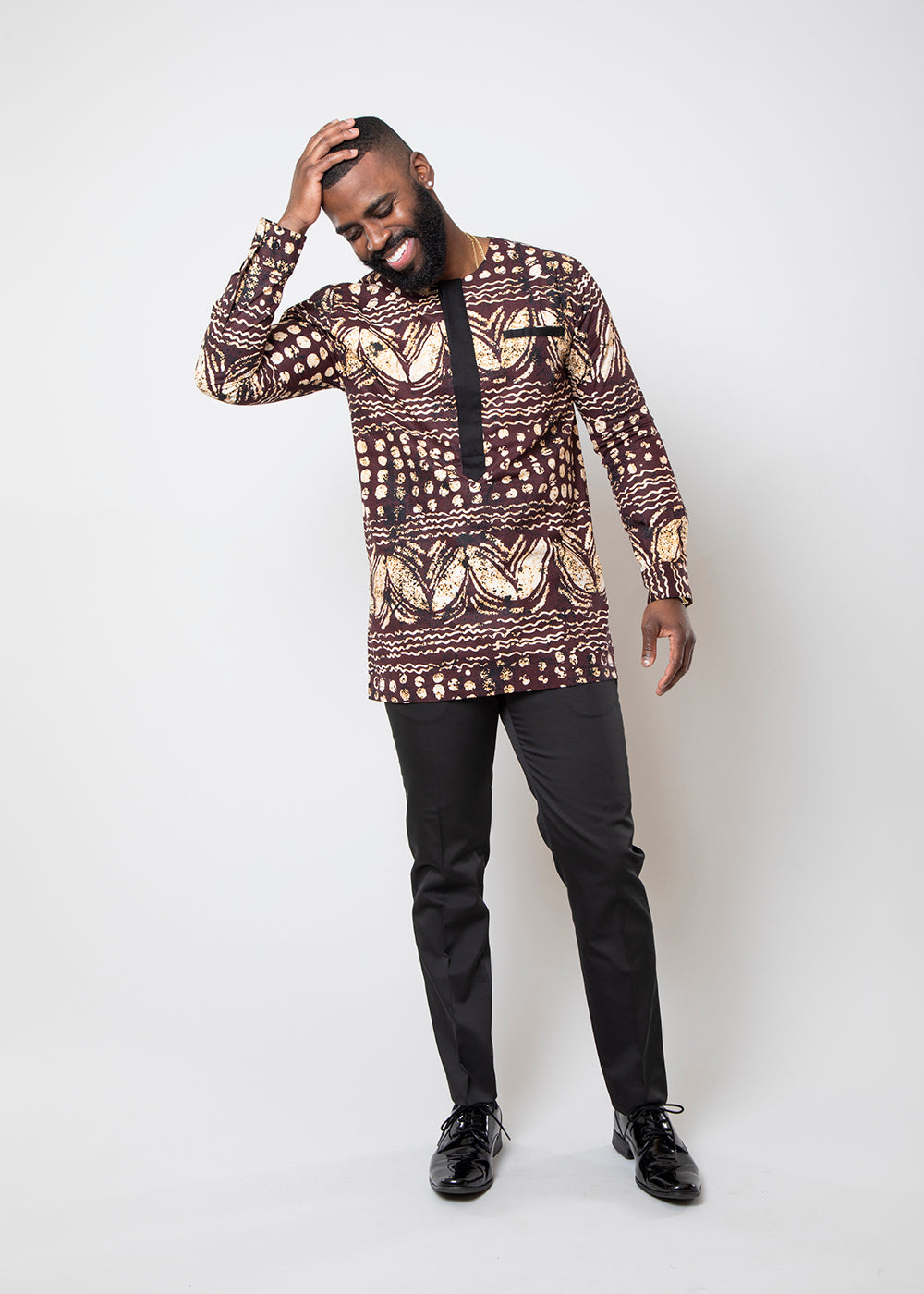 Ibrahim Men's African Print Traditional Shirt (Brown Black Adire)