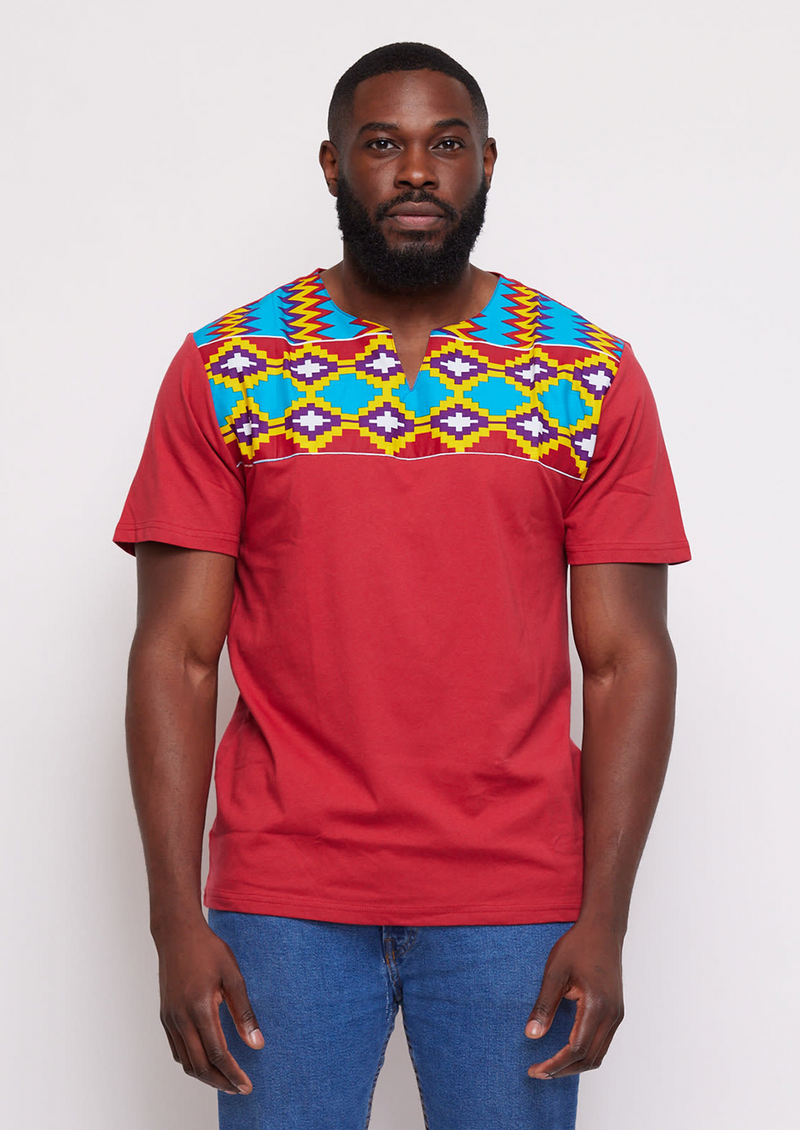 Idi African Print Applique T-shirt (Maroon/Sky Blue Yellow Kente) - Clearance