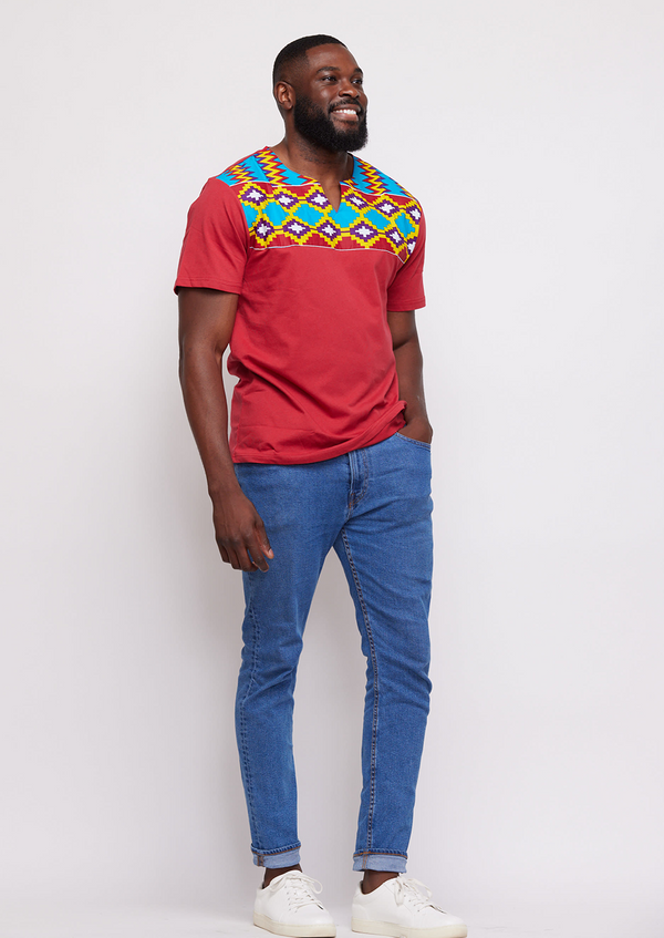Idi African Print Applique T-shirt (Maroon/Sky Blue Yellow Kente)