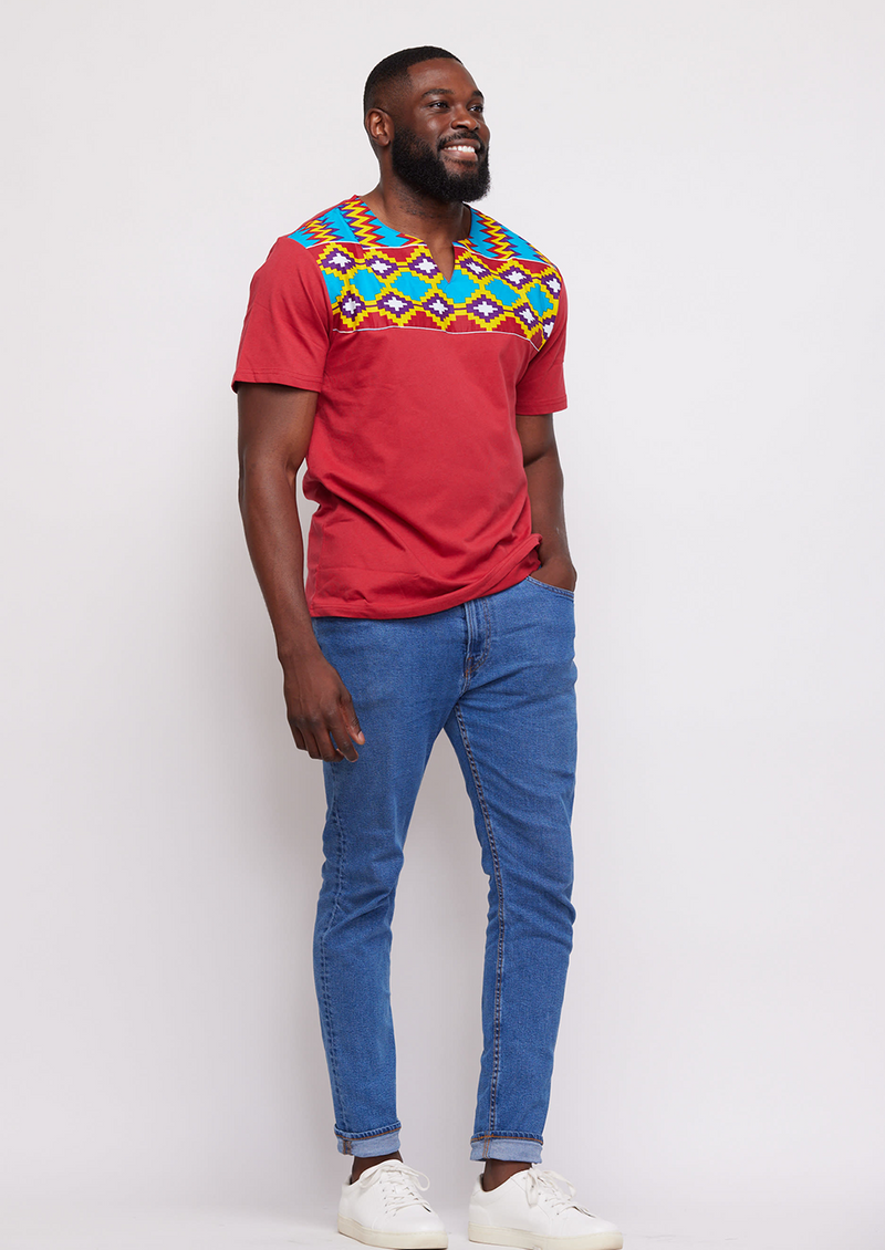 Idi African Print Applique T-shirt (Maroon/Sky Blue Yellow Kente) - Clearance