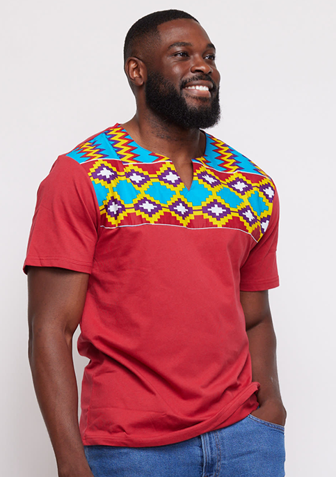 Idi African Print Applique T-shirt (Maroon/Sky Blue Yellow Kente)