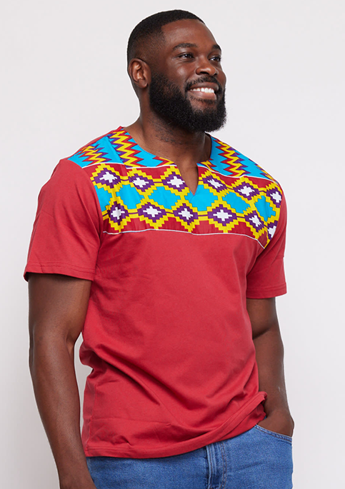 Idi African Print Applique T-shirt (Maroon/Sky Blue Yellow Kente) - Clearance