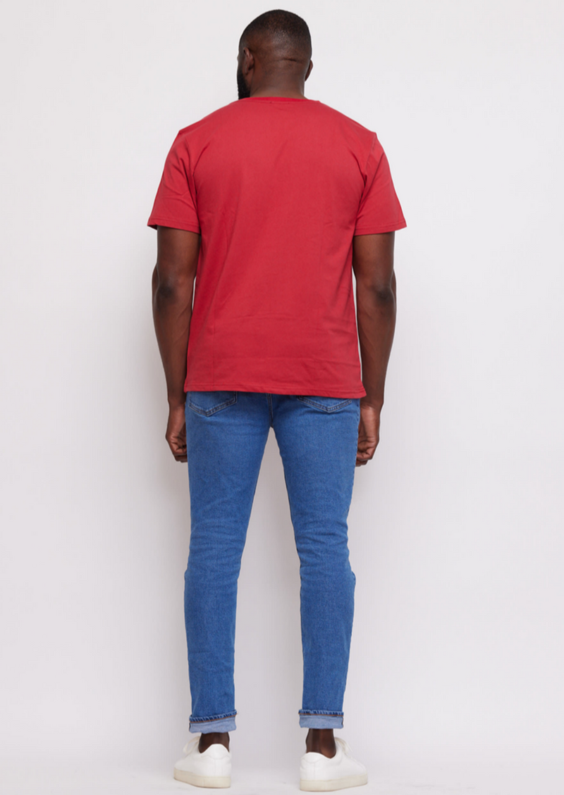 Idi African Print Applique T-shirt (Maroon/Sky Blue Yellow Kente)