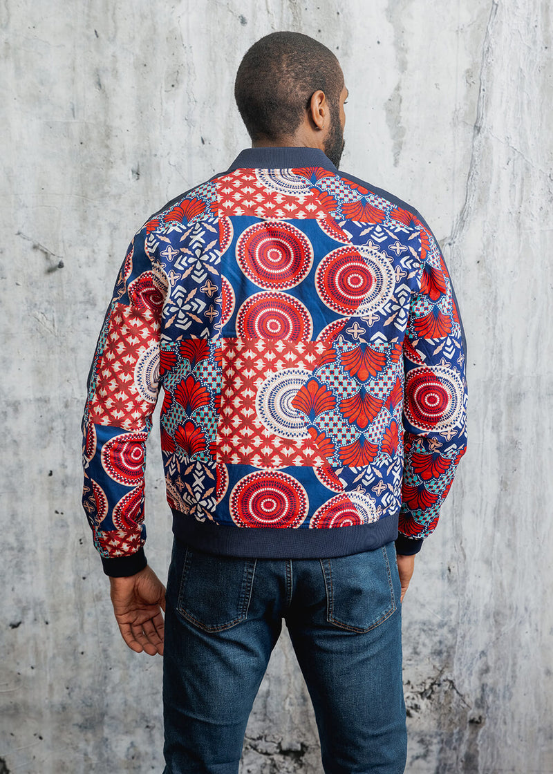 Ise Men's African Print Reversible Bomber Jacket (Maroon Circle Multipattern) - Clearance
