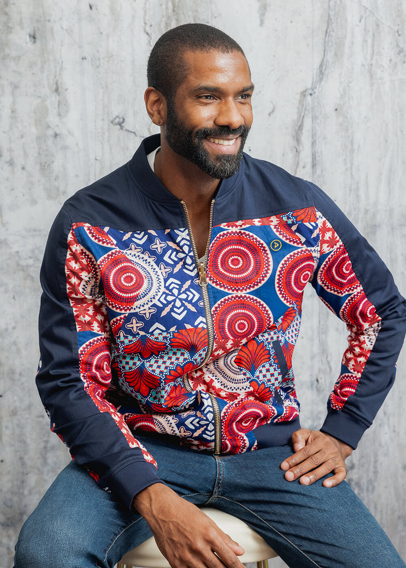 Ise Men's African Print Reversible Bomber Jacket (Maroon Circle Multipattern) - Clearance