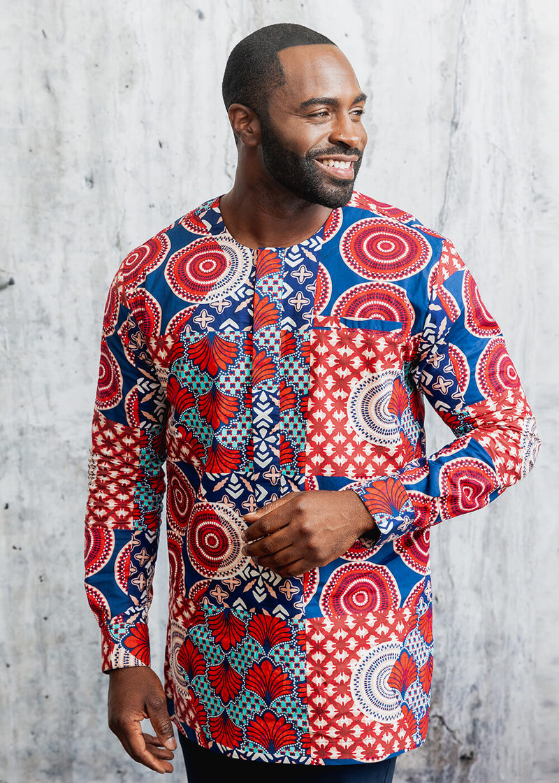 Jafari Men's African Print Long Sleeve Traditional Shirt (Maroon Circle Multipattern) - Clearance
