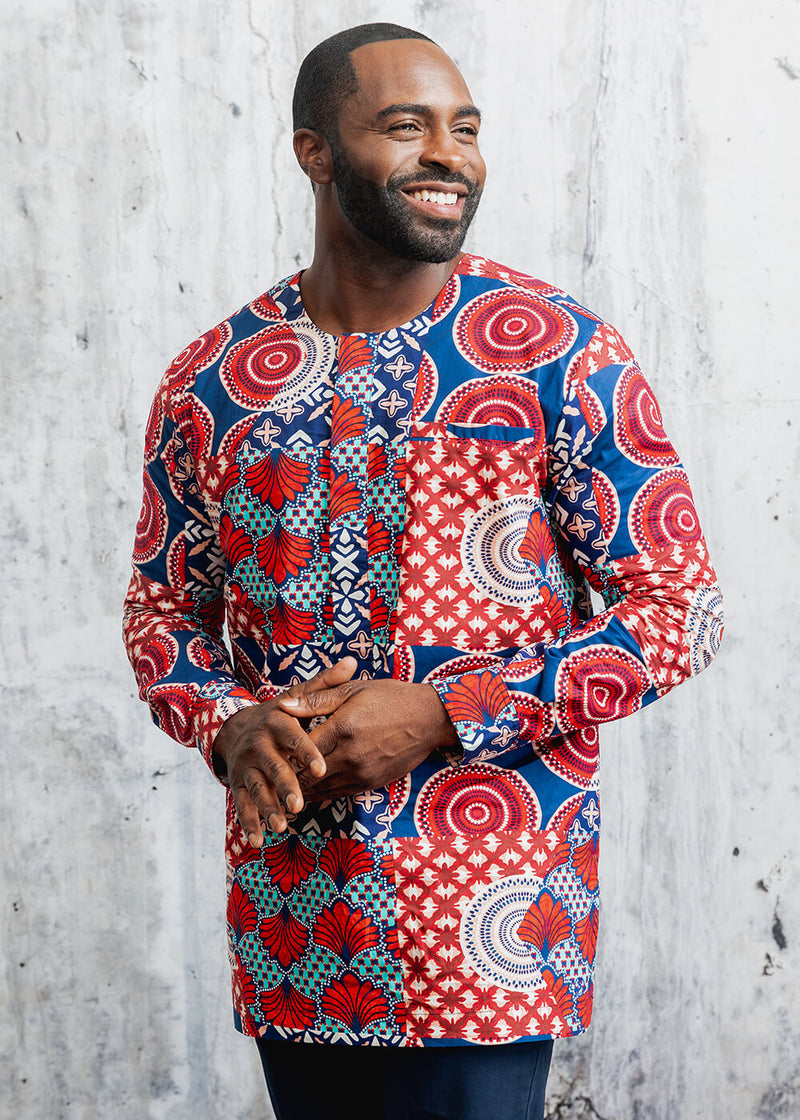 Jafari Men's African Print Long Sleeve Traditional Shirt (Maroon Circle Multipattern) - Clearance