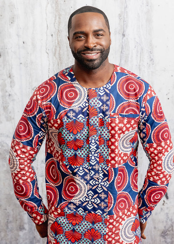 Jafari Men's African Print Long Sleeve Traditional Shirt (Maroon Circle Multipattern) - Clearance