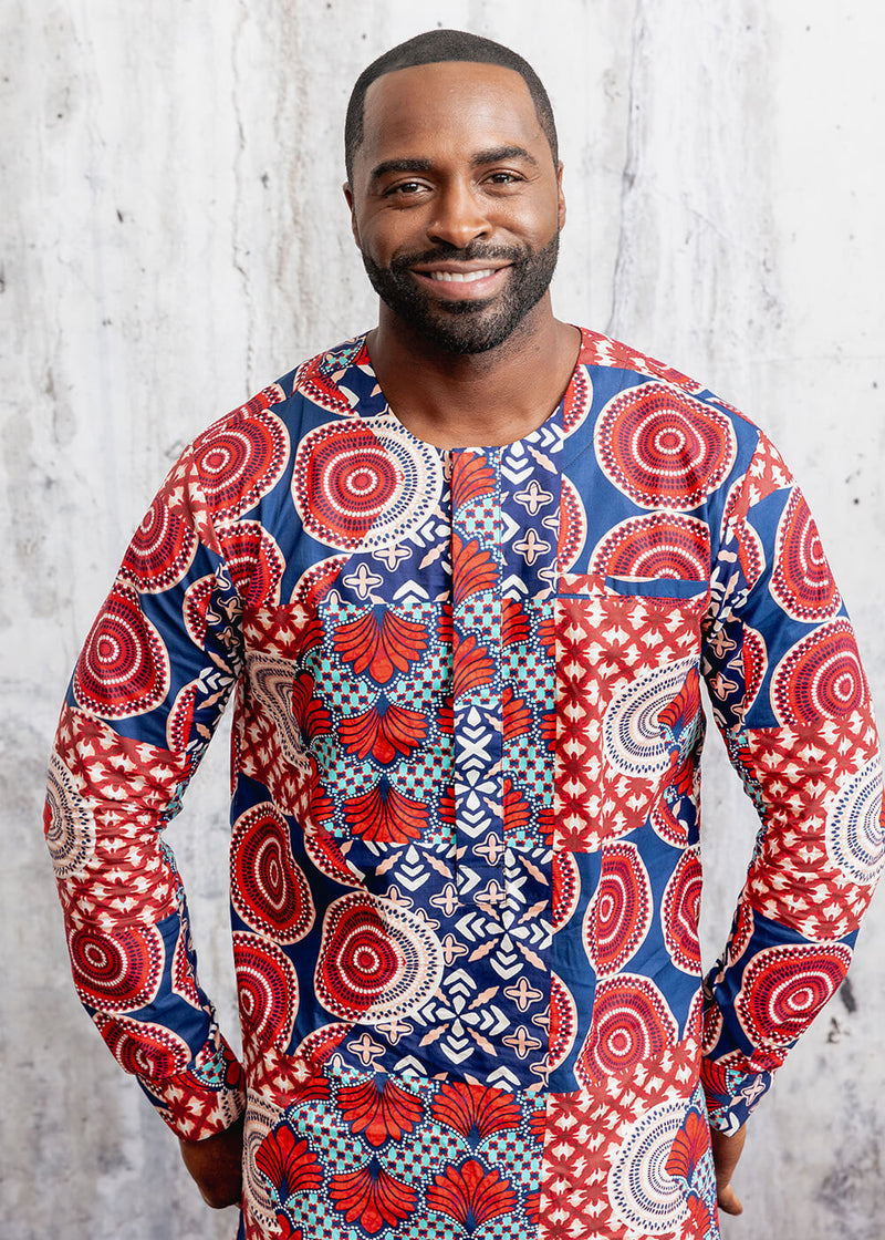 Jafari Men's African Print Long Sleeve Traditional Shirt (Maroon Circle Multipattern) - Clearance