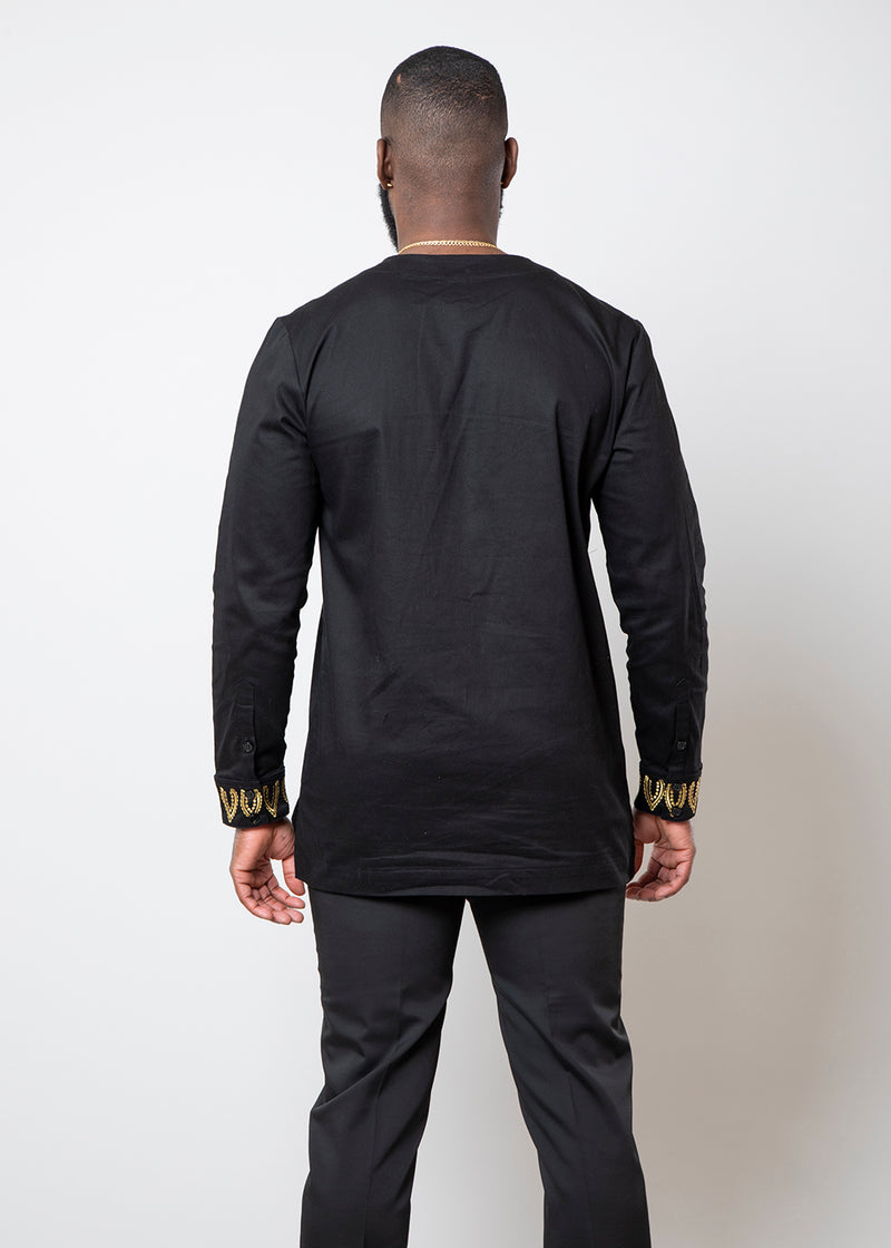 Karim Men's Embroidered Traditional Shirt (Black with Gold Embroidery)