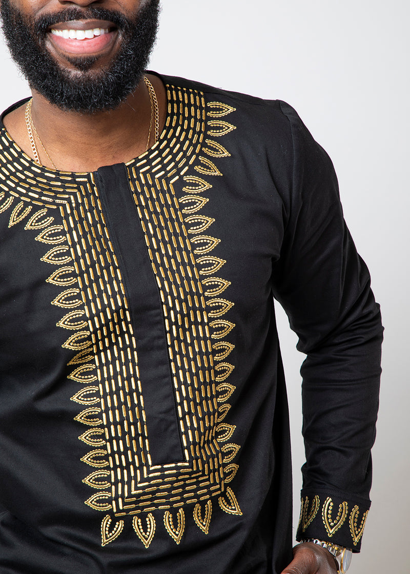 Karim Men's Embroidered Traditional Shirt (Black with Gold Embroidery)