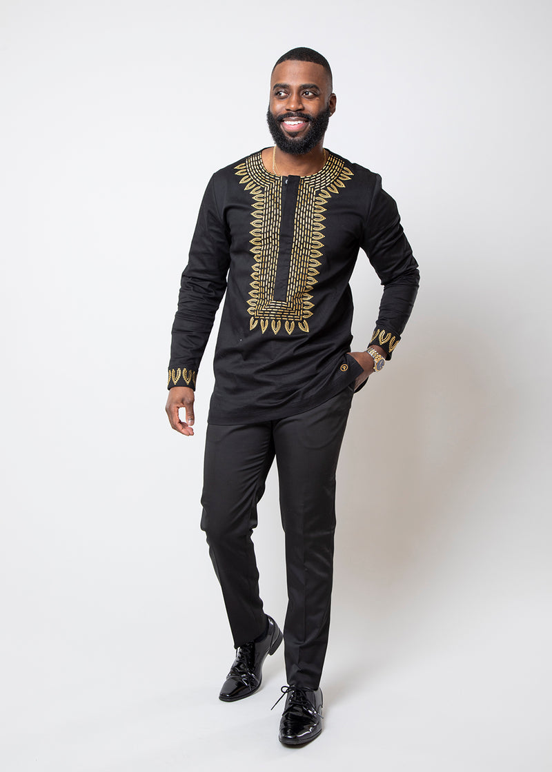 Karim Men's Embroidered Traditional Shirt (Black with Gold Embroidery)