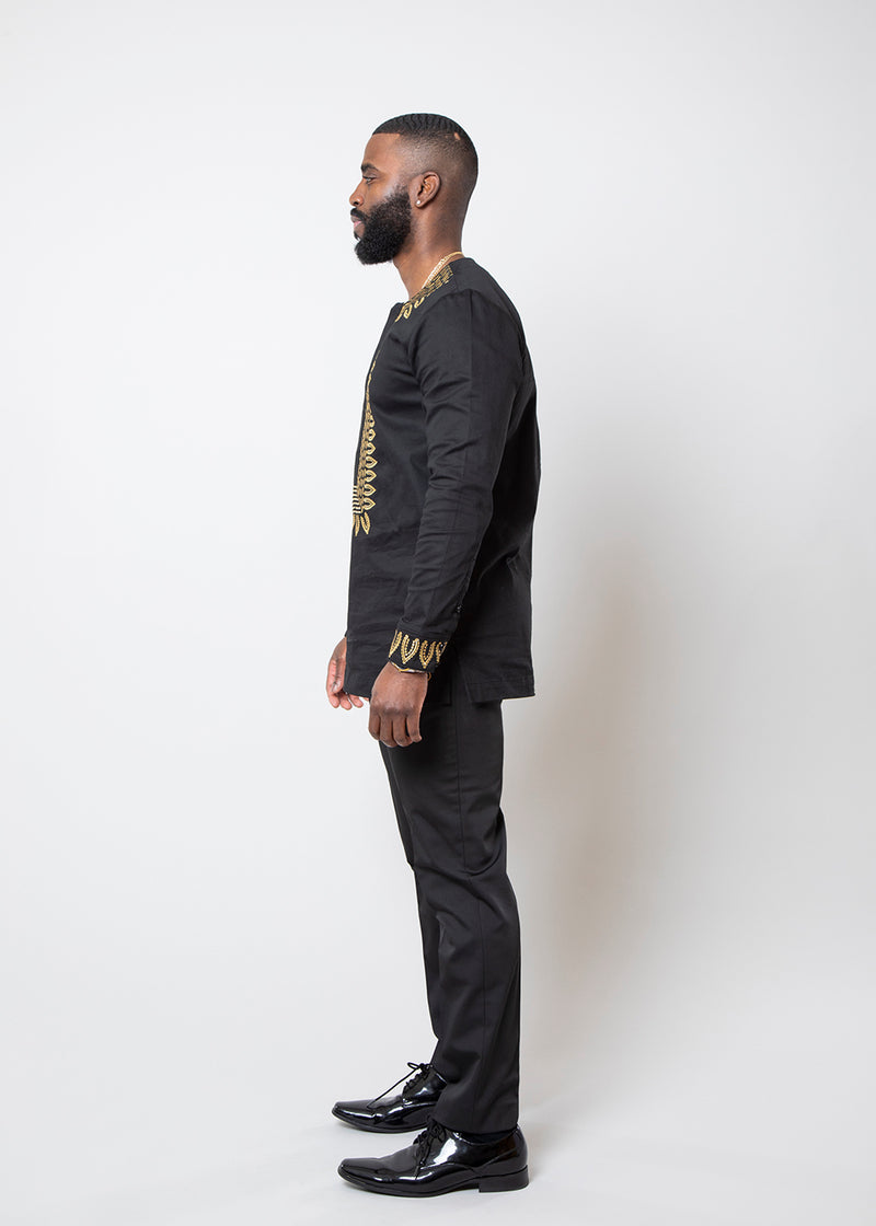 Karim Men's Embroidered Traditional Shirt (Black with Gold Embroidery)