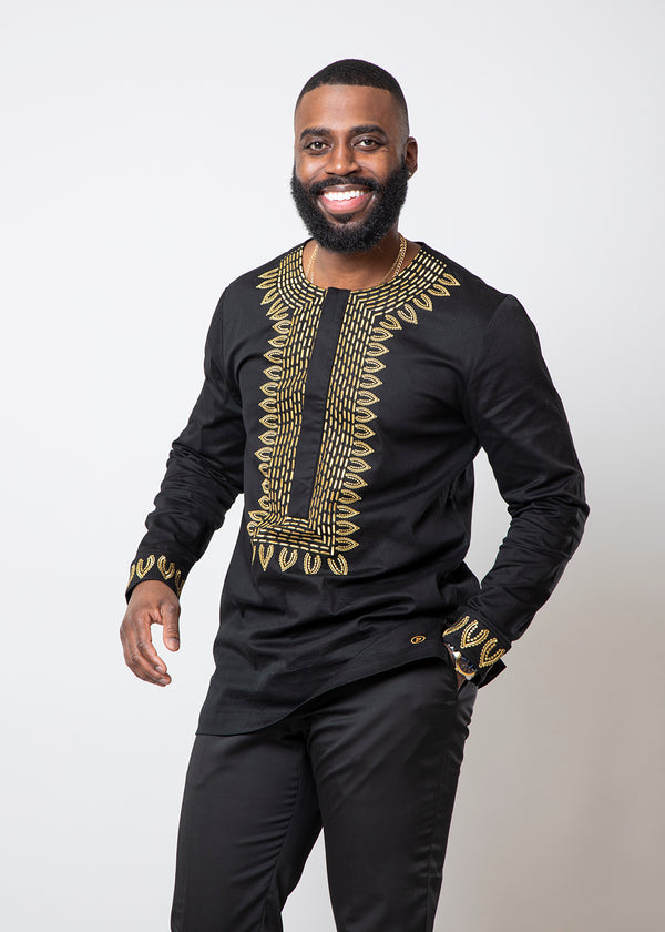 Karim Men's Embroidered Traditional Top (Black with Gold Embroidery)