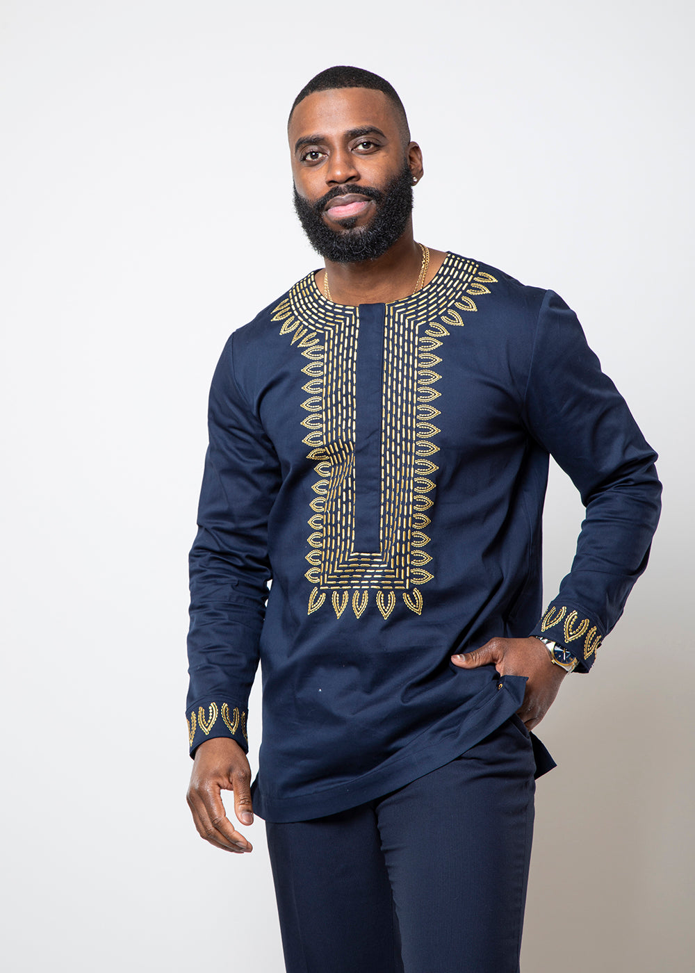 Karim Men's Embroidered Traditional Top Navy with Gold Embroidery – D'IYANU