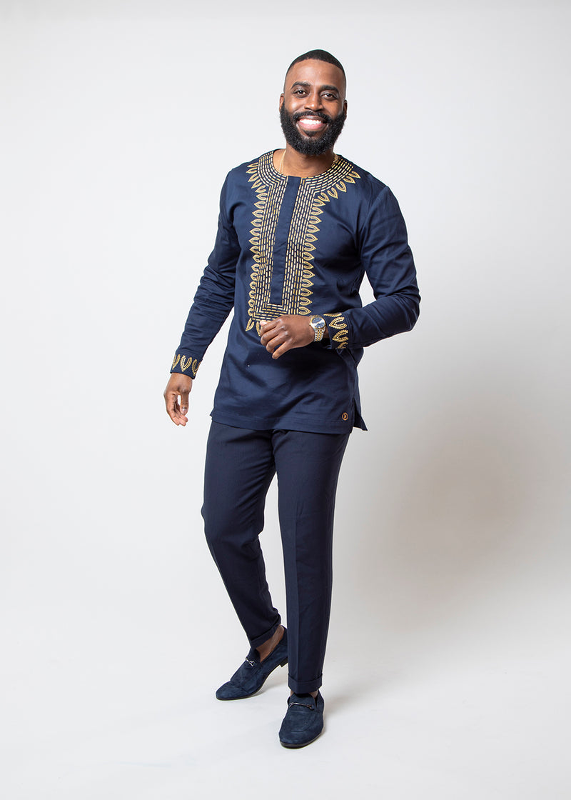 Karim Men's Embroidered Traditional Shirt (Navy with Gold Embroidery)