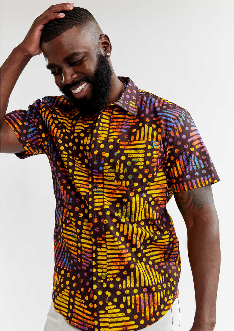 Keyon African Print Button-Up Shirt (Sunset Adire)