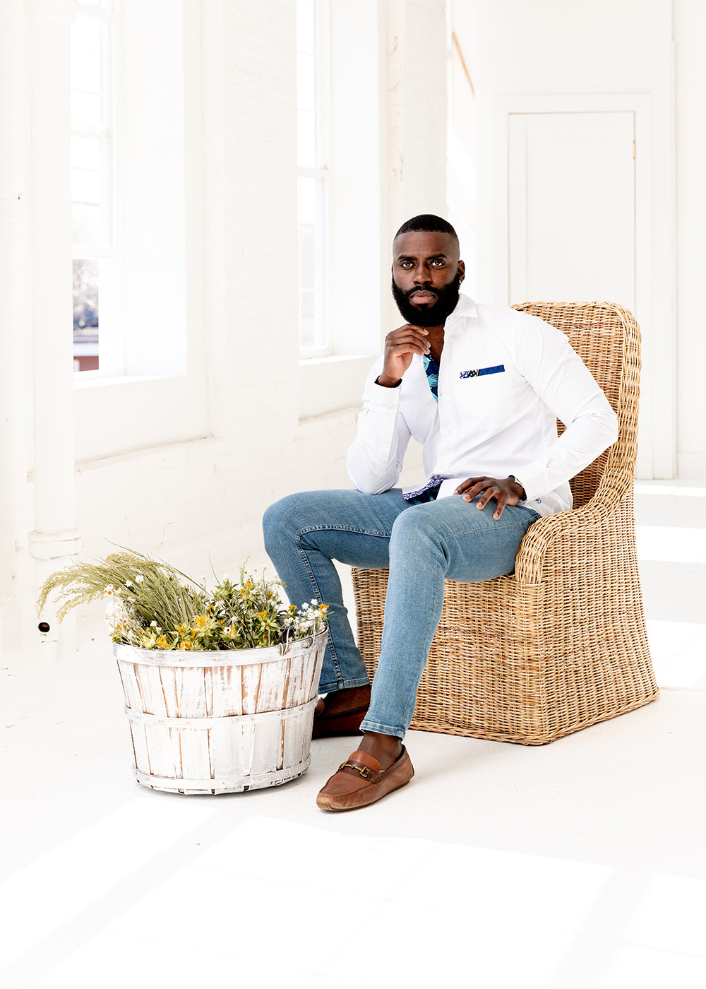 Obasi African Print Long Sleeve Button-Up Shirt (White/Light Blue Pink Iris)