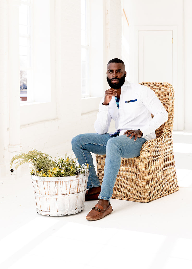 Obasi African Print Long Sleeve Button-Up Shirt (White/Light Blue Pink Iris)