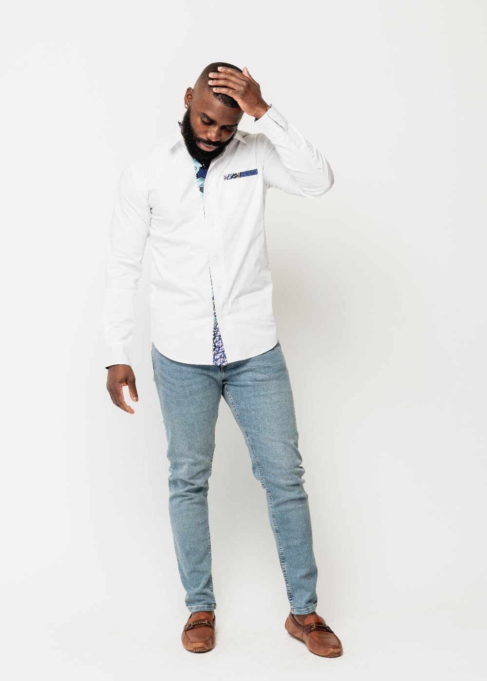 Obasi African Print Long Sleeve Button-Up Shirt (White/Light Blue Pink Iris)