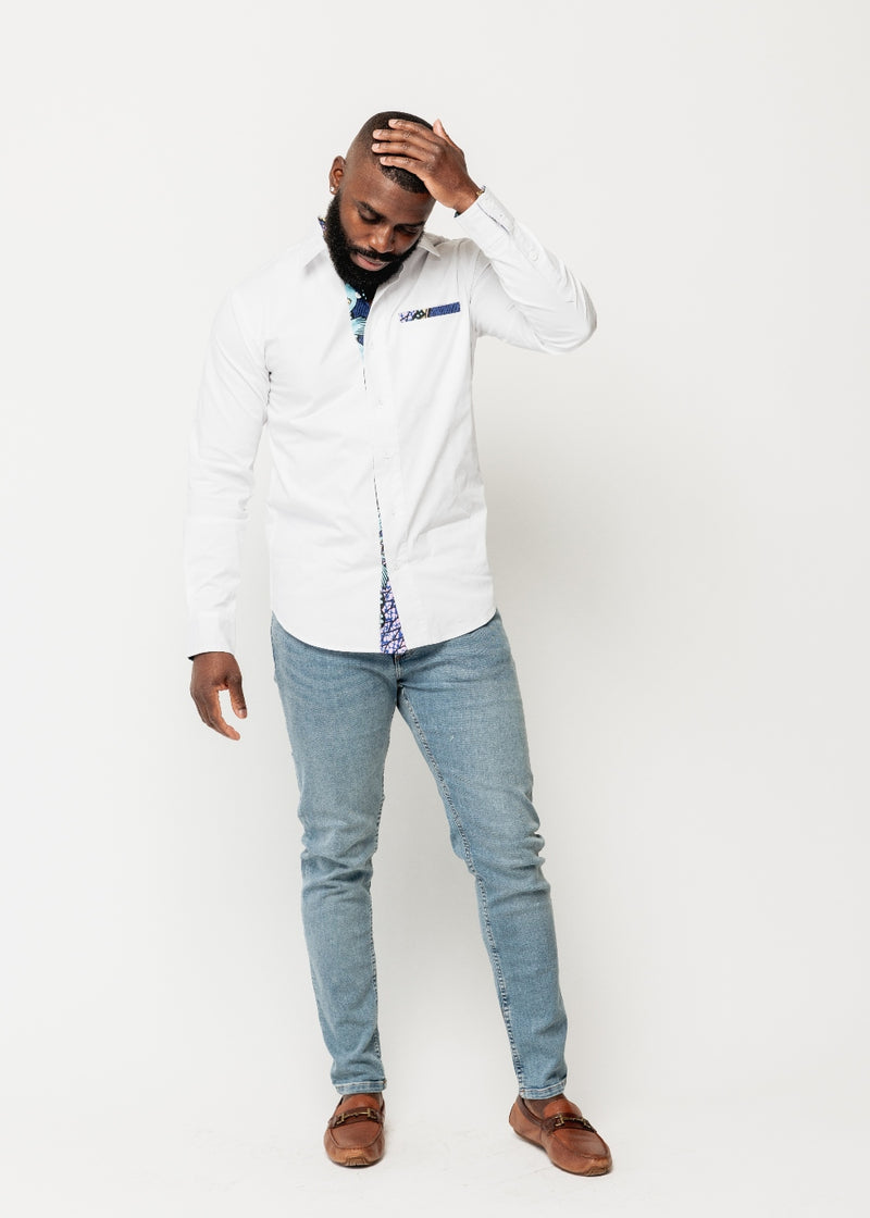 Obasi African Print Long Sleeve Button-Up Shirt (White/Light Blue Pink Iris)