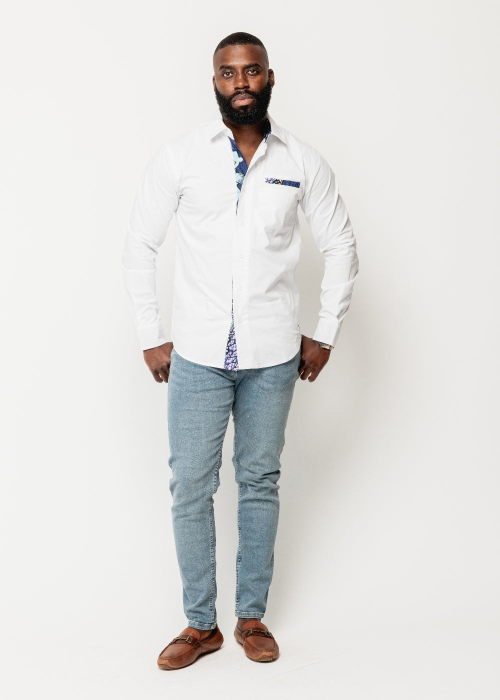 Obasi African Print Long Sleeve Button-Up Shirt (White/Light Blue Pink Iris)