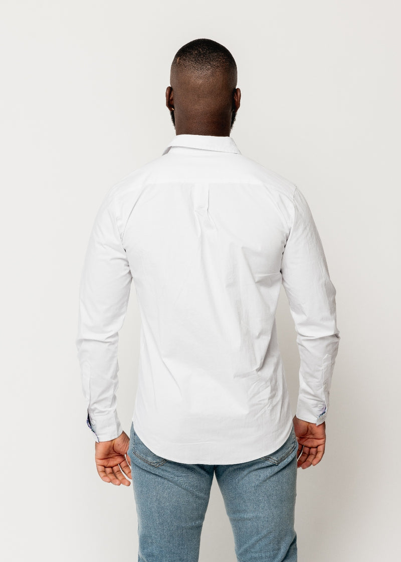 Obasi African Print Long Sleeve Button-Up Shirt (White/Light Blue Pink Iris)