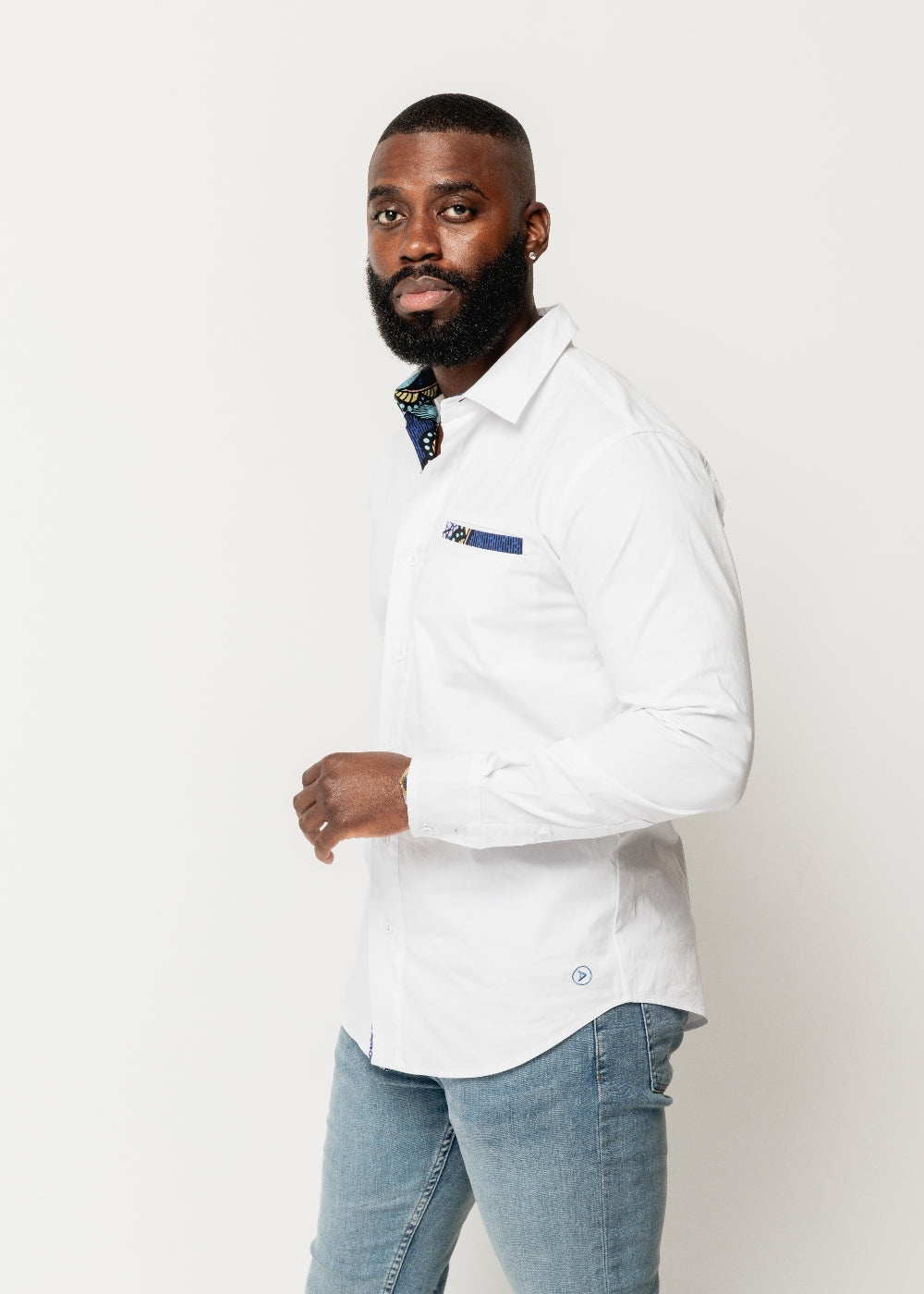 Obasi African Print Long Sleeve Button-Up Shirt (White/Light Blue Pink Iris)