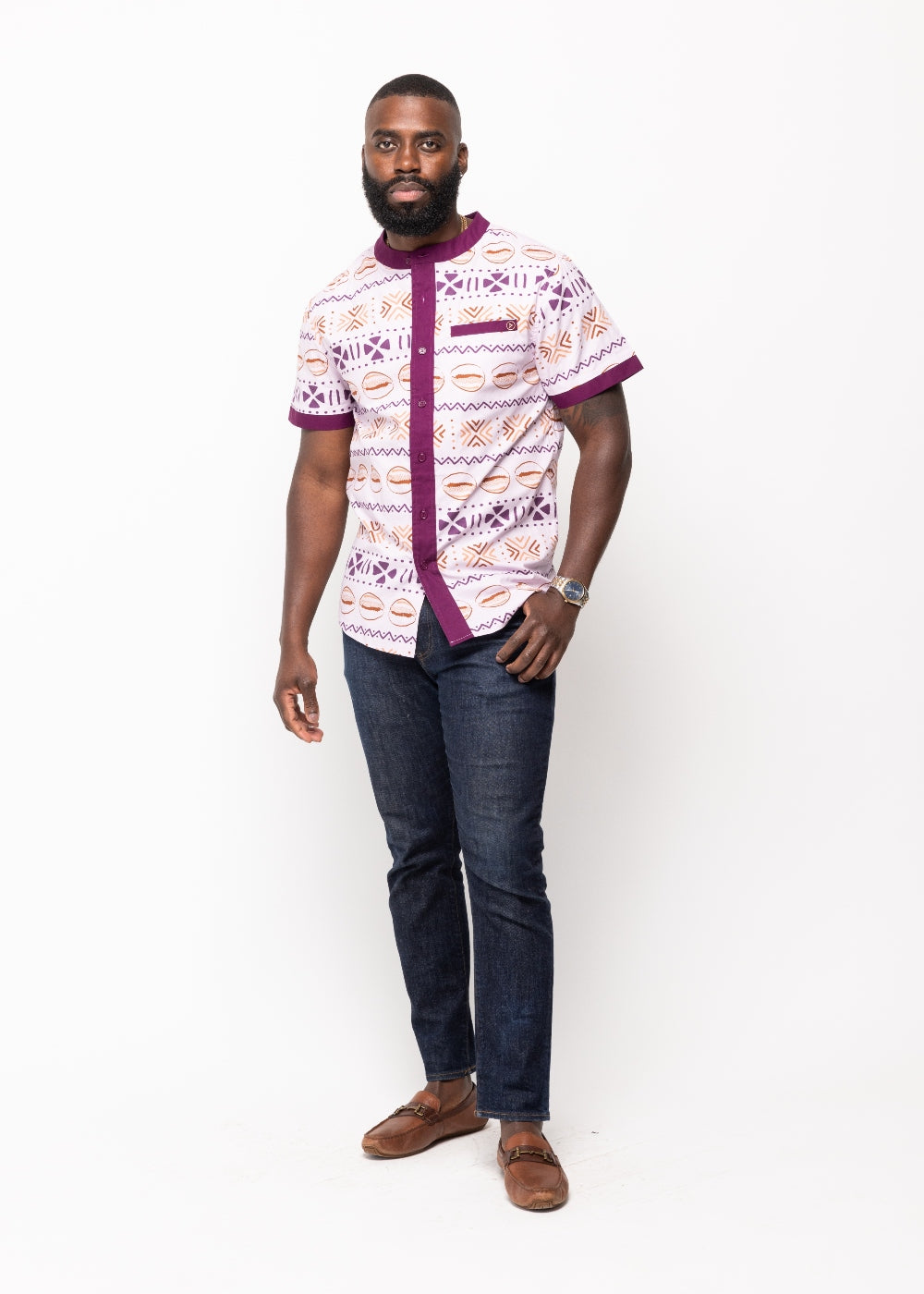 Olu African Print Button-Up Mandarin Collar Shirt (Mauve Plum Mudcloth) - Clearance