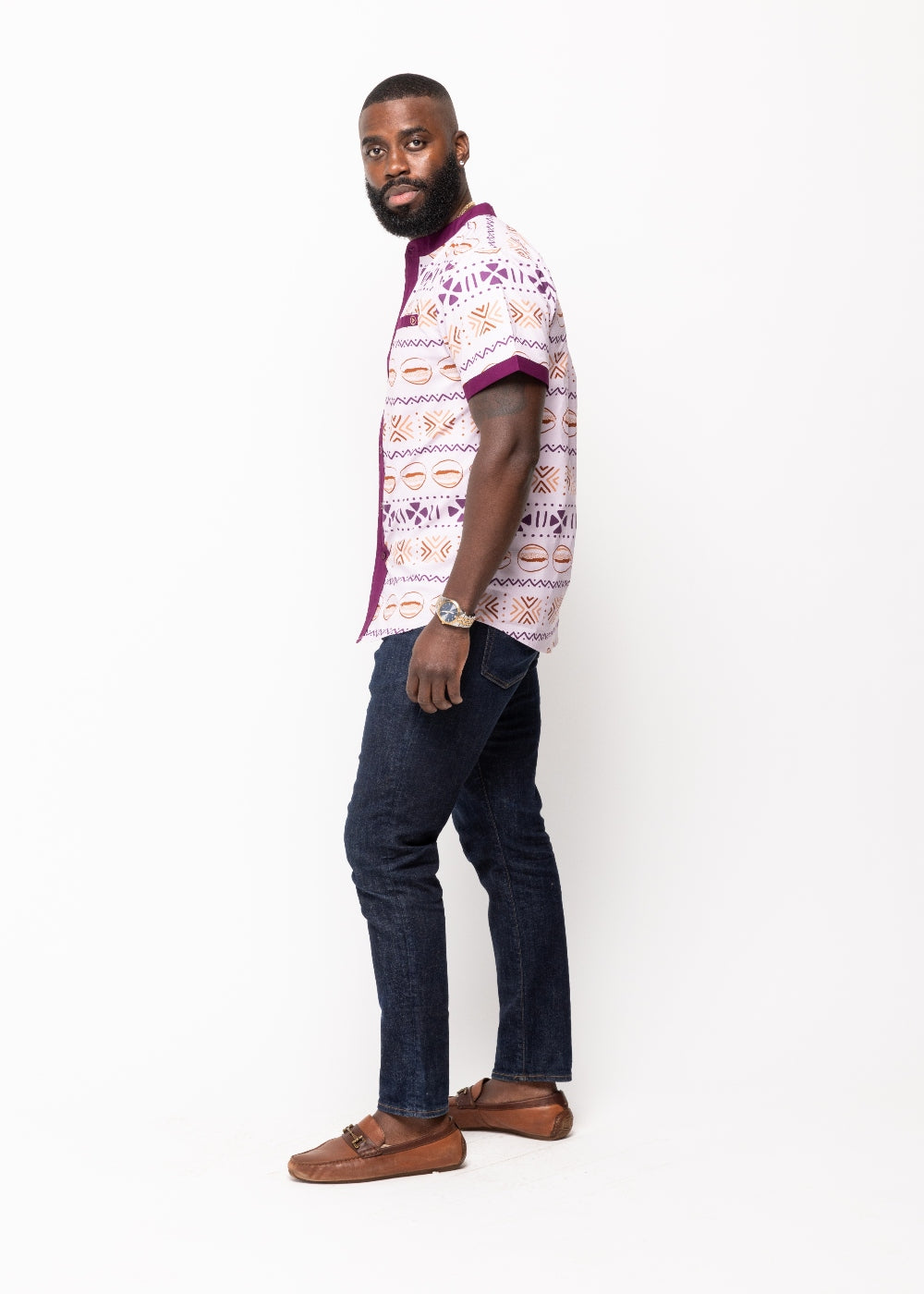 Olu African Print Button-Up Mandarin Collar Shirt (Mauve Plum Mudcloth) - Clearance