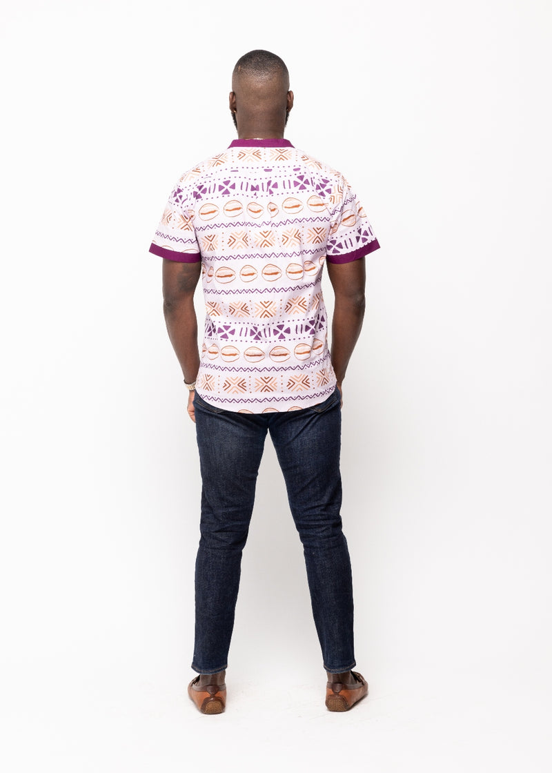 Olu African Print Button-Up Mandarin Collar Shirt (Mauve Plum Mudcloth) - Clearance