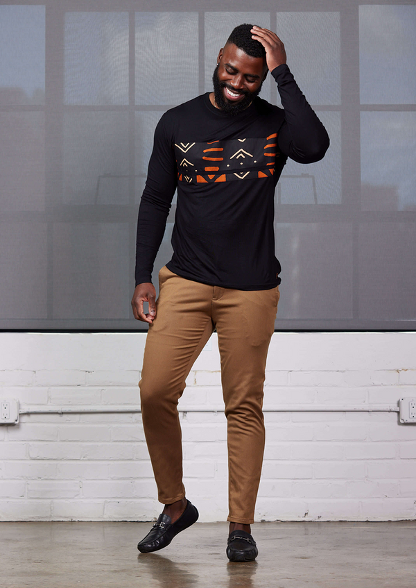 Ore Men's African Print Long Sleeve T-shirt (Black/Natural Mudcloth)