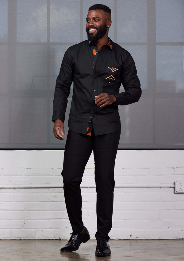 Sajoyo Men's African Print Button-Up Shirt (Black/Natural Mudcloth)