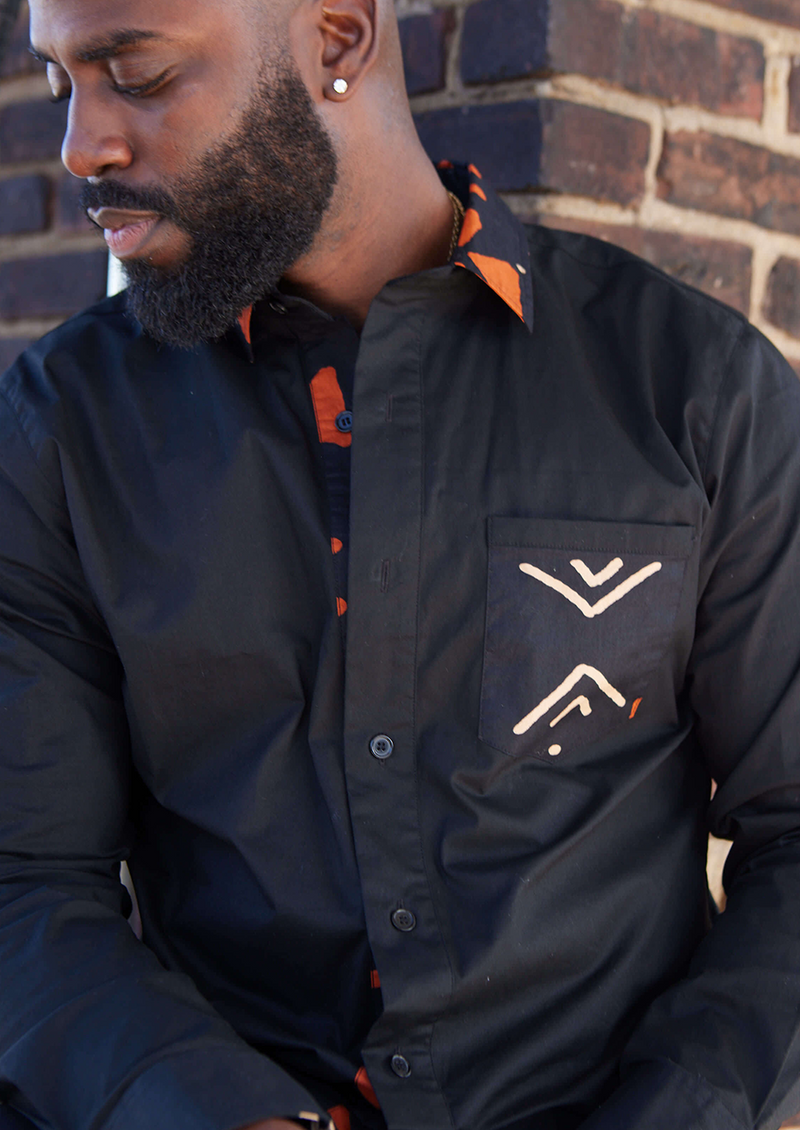Sajoyo Men's African Print Button-Up Shirt (Black/Natural Mudcloth)