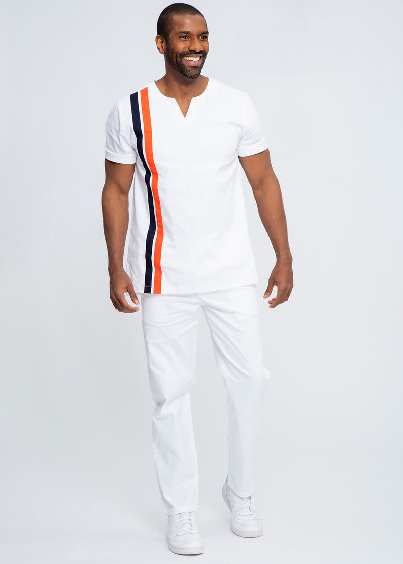 Samaki Men's Short Sleeve Traditional Top  (White with Navy and Orange Stripes) - Clearance
