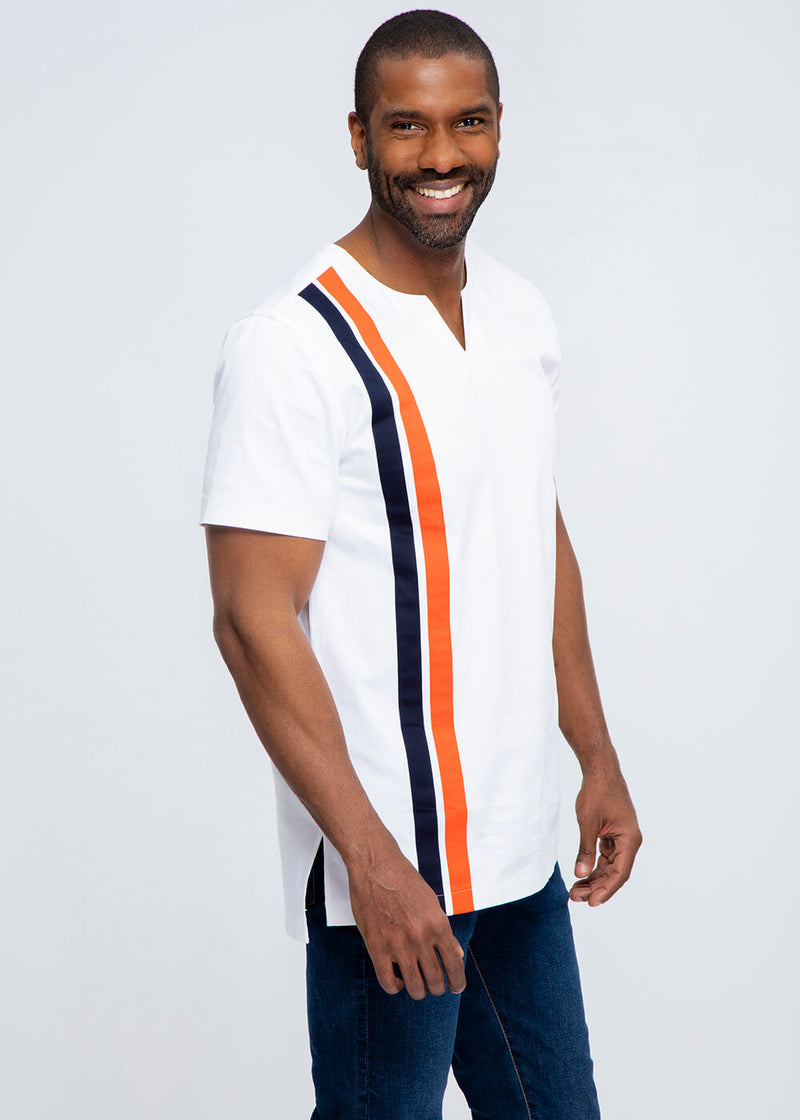 Samaki Men's Short Sleeve Traditional Top  (White with Navy and Orange Stripes) - Clearance