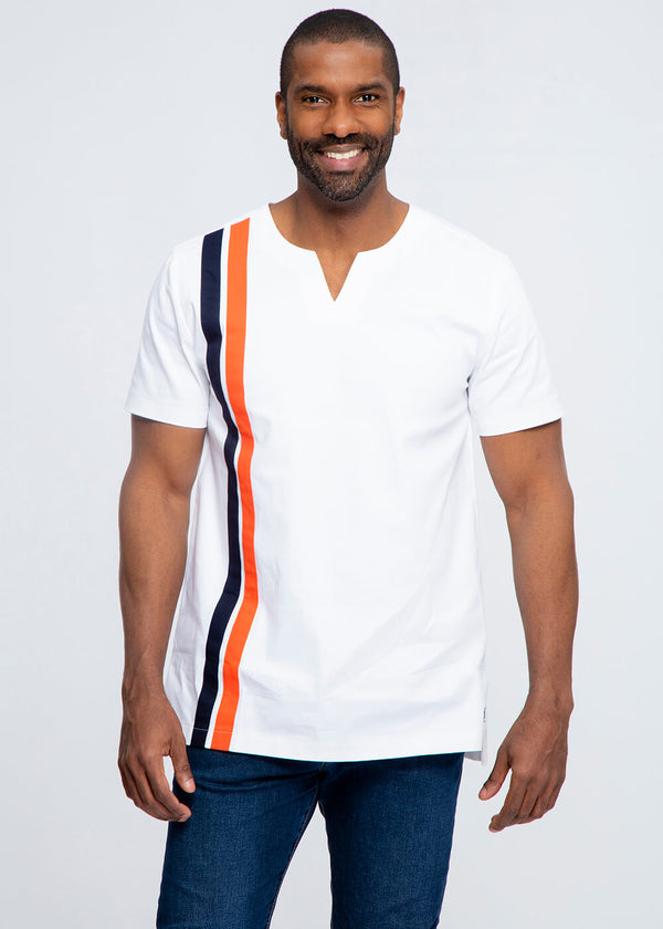 Samaki Men's Short Sleeve Traditional Top  (White with Navy and Orange Stripes) - Clearance