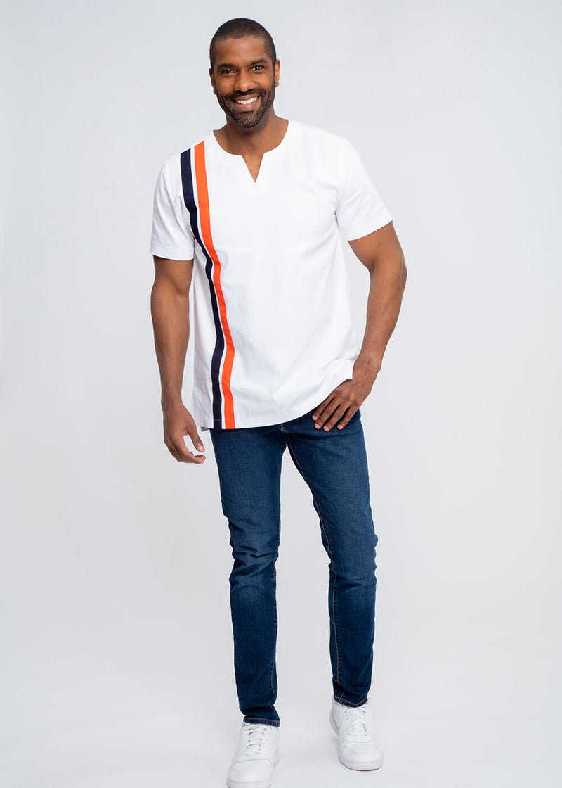 Samaki Men's Short Sleeve Traditional Top  (White with Navy and Orange Stripes) - Clearance