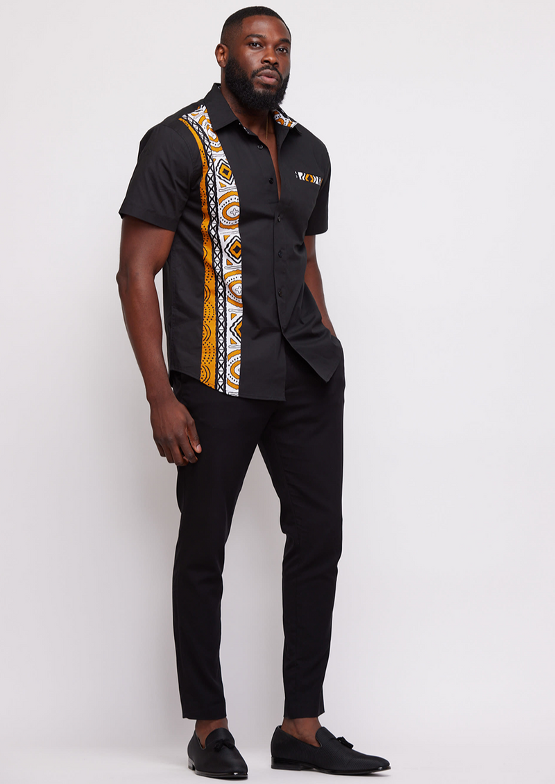 Tumelo Men's Applique Button-Up Shirt (Black/Gold White Mudcloth) -Clearance